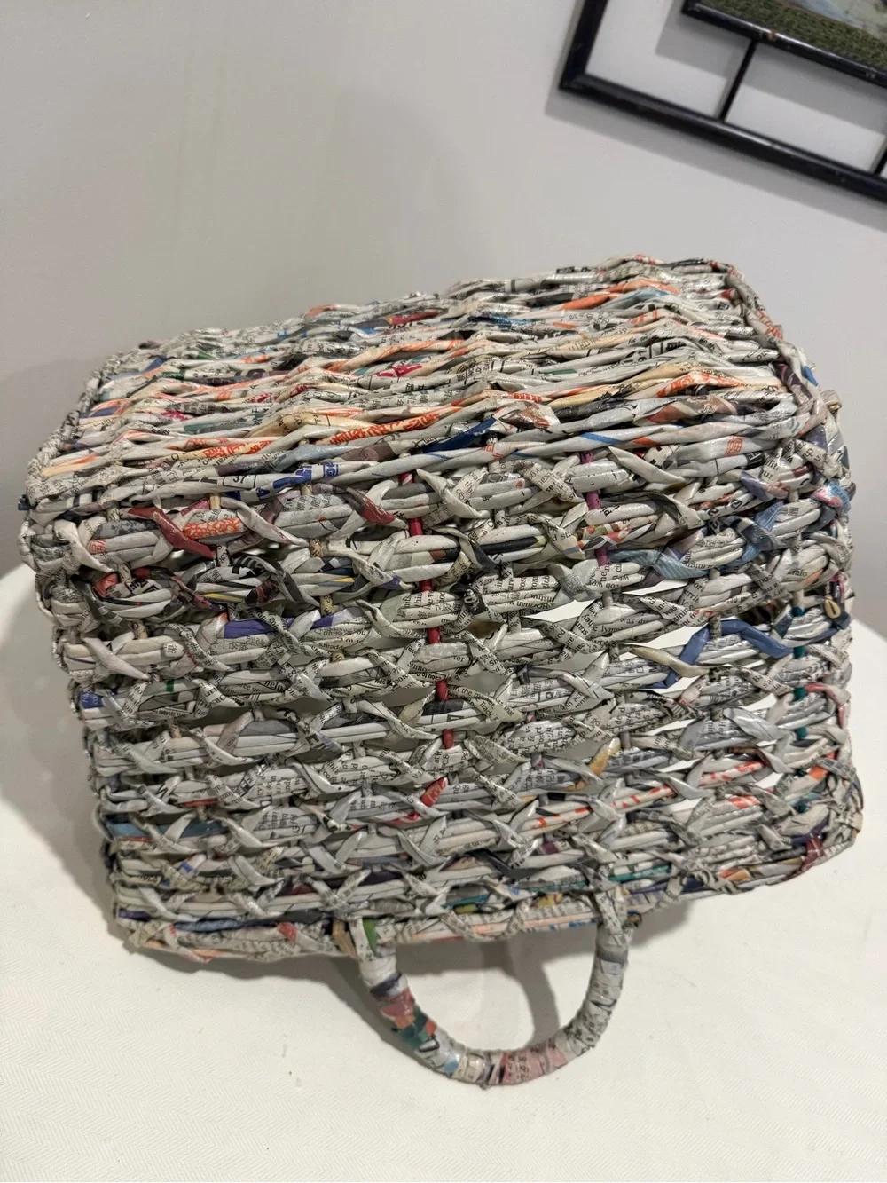 Hand Crafted Multi-Color Woven Newspaper Basket with Gray Tones